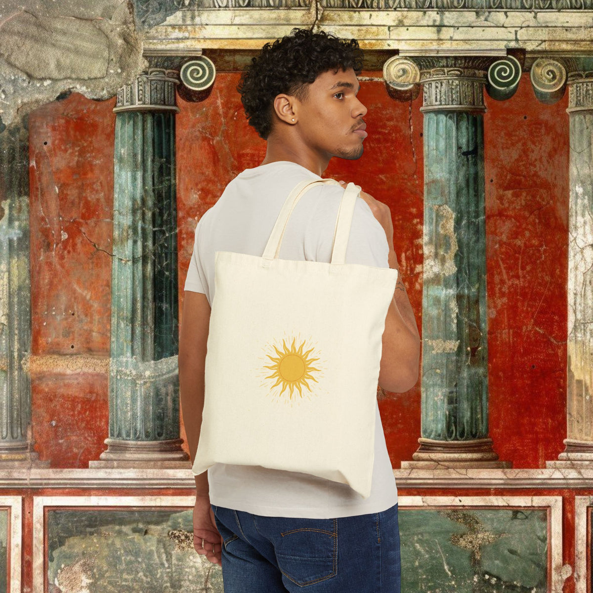 Sunshine Canvas Tote Bag — Yellow Sun Graphic Cotton Tote for Beach, Market & Everyday Use Printify