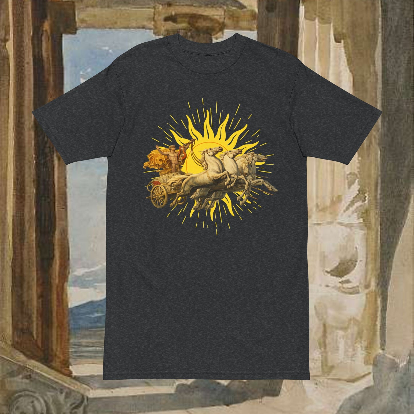 Mythic Sun Apollo Chariot T-Shirt — Apollo and his chariot cresting the rising sun.