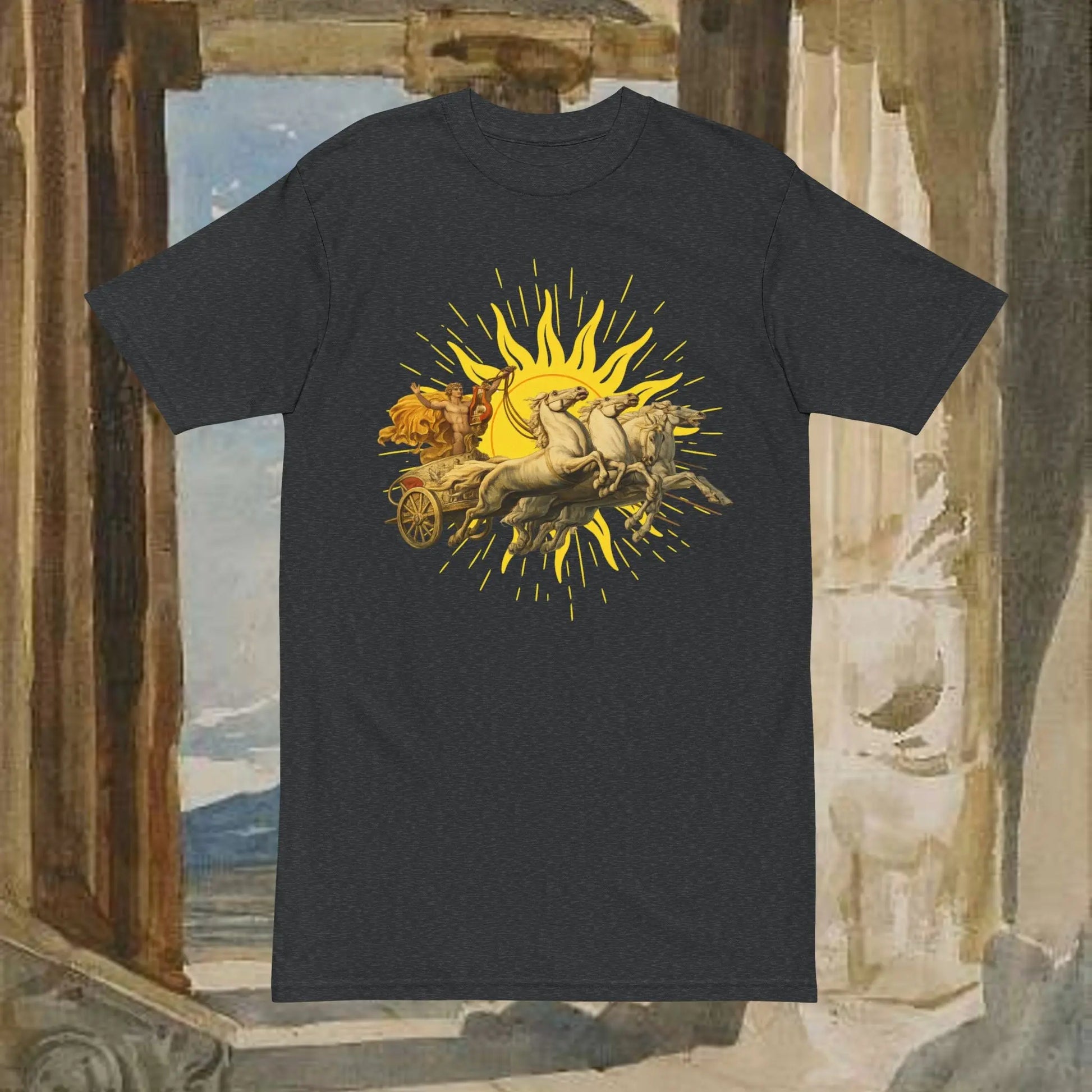 Mythic Sun Apollo Chariot T-Shirt — Apollo and his chariot cresting the rising sun. Printify