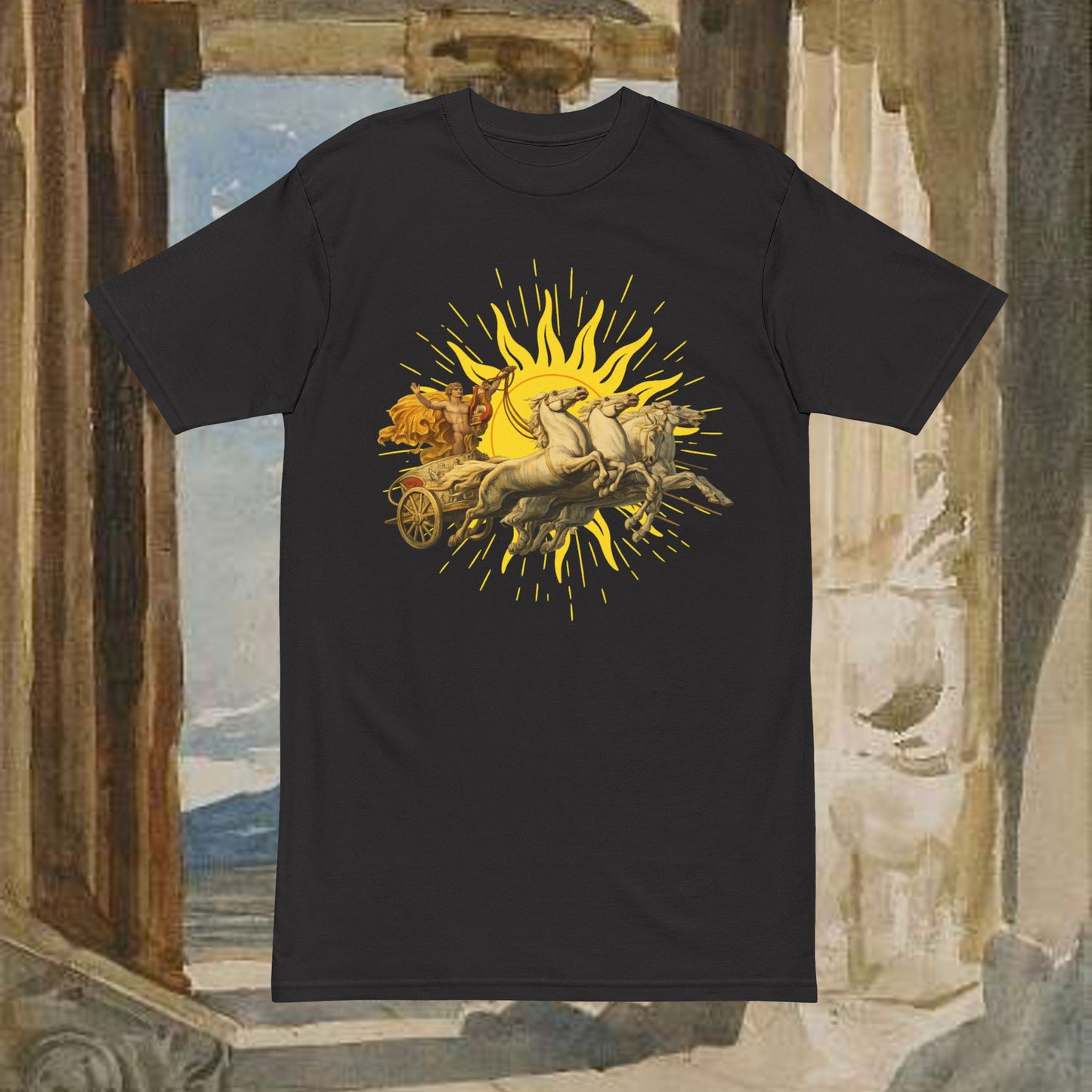 Mythic Sun Apollo Chariot T-Shirt — Apollo and his chariot cresting the rising sun.