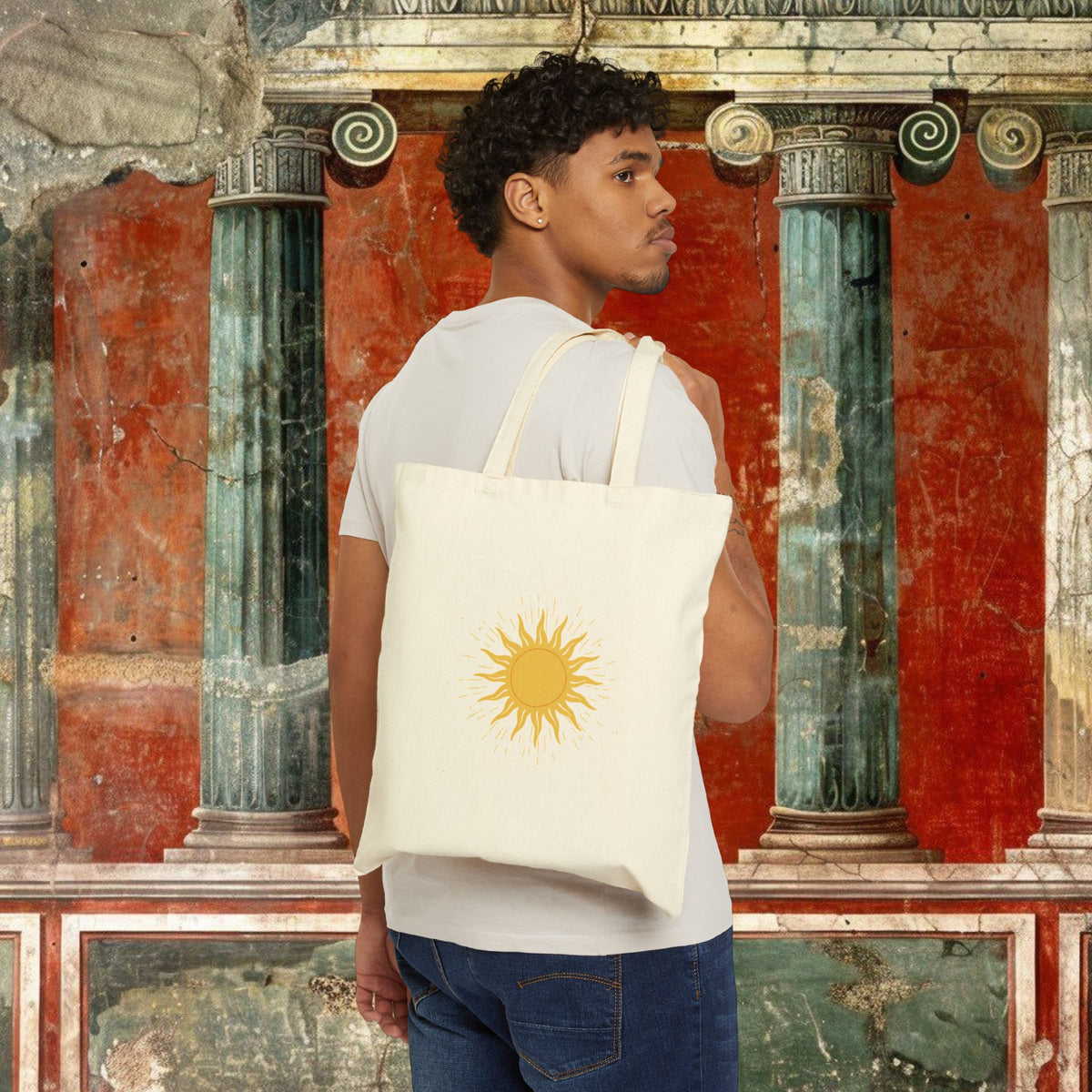 Sunshine Canvas Tote Bag — Yellow Sun Graphic Cotton Tote for Beach, Market & Everyday Use Printify