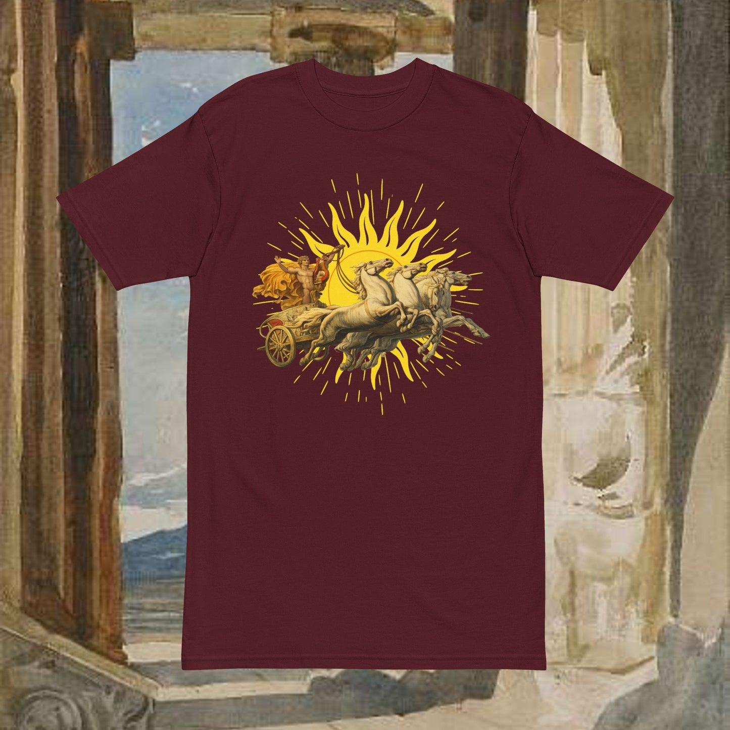 Mythic Sun Apollo Chariot T-Shirt — Apollo and his chariot cresting the rising sun.